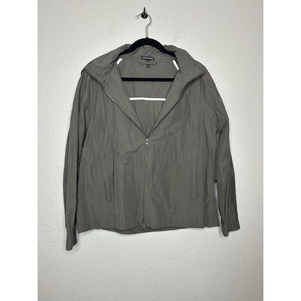 Eileen Fisher Gray Brown Cotton Nylon‎ Zip Windbreaker With Hood Side Medium